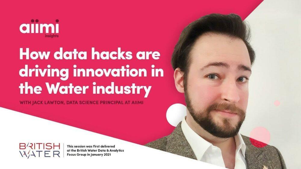 Man with a beard in a suit, next to text about data hacks driving innovation in the water industry, featuring British Water and Aiimi logos.