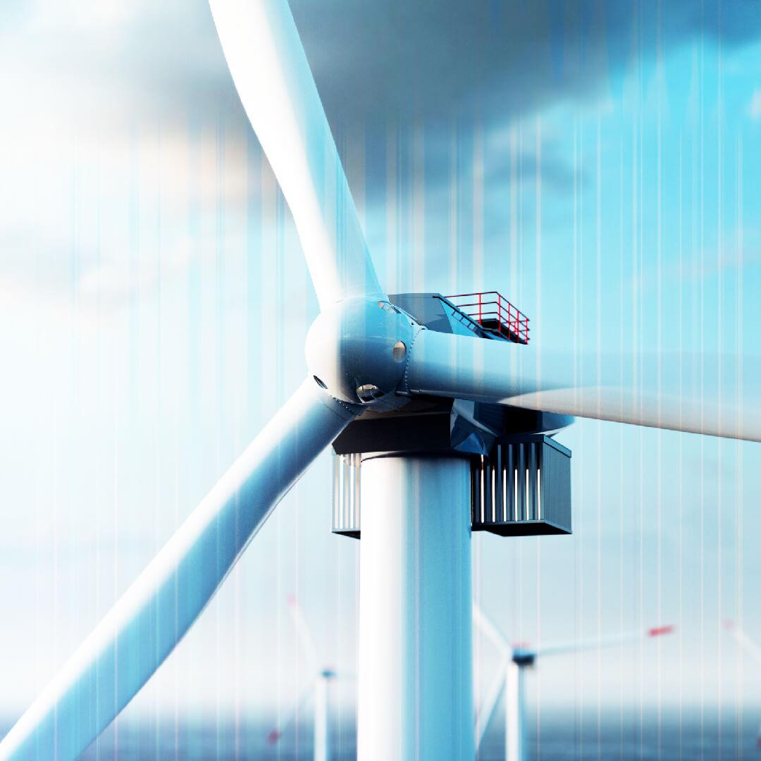 Close-up of a wind turbine against a cloudy sky, with blurred motion lines suggesting movement. Other turbines are visible in the background.
