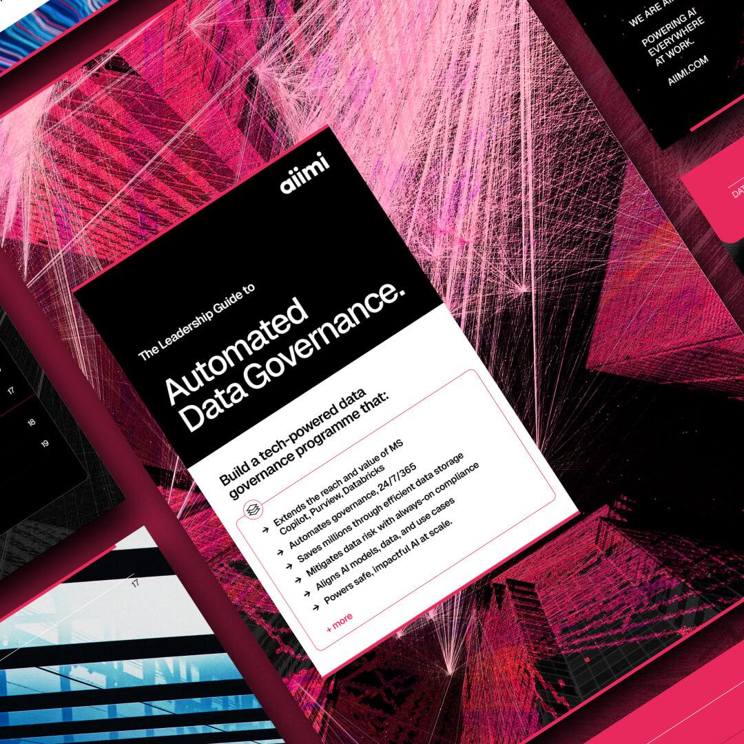 Promotional image for "The Leadership Guide to Automated Data Governance" by Aiimi, featuring vibrant pink and black geometric designs.