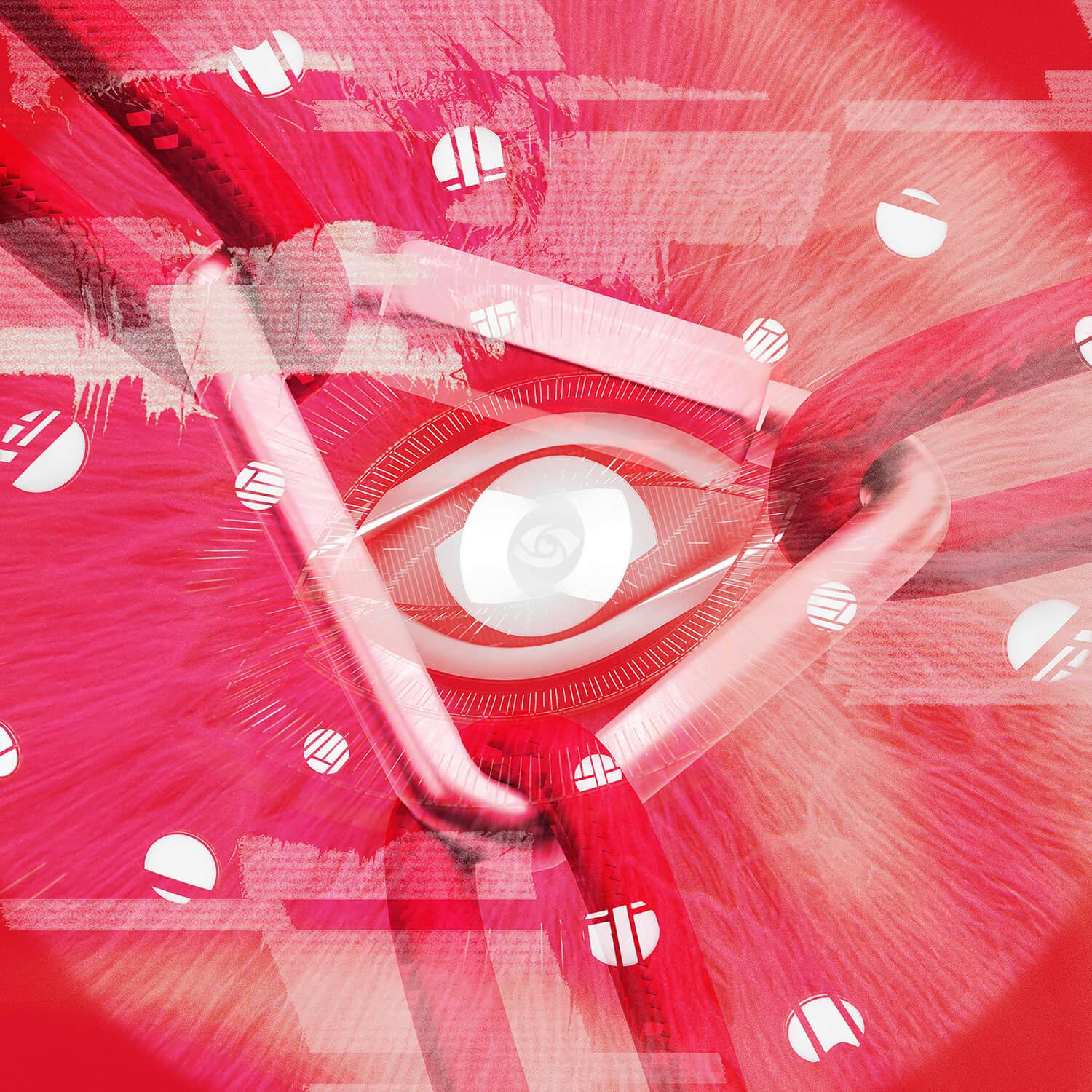 Abstract image of an eye formed by geometric shapes and textures in red and white hues, with circular patterns surrounding it.