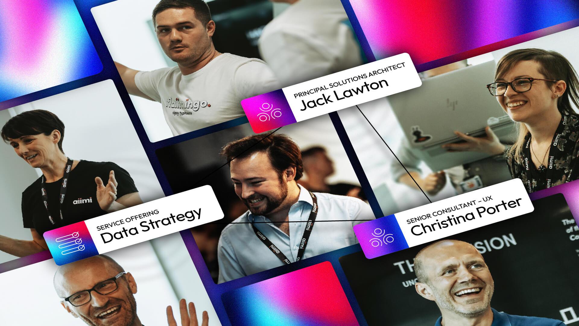 Collage of smiling professionals with name tags and labels highlighting their roles in data strategy and UX, with vibrant colors in the background.