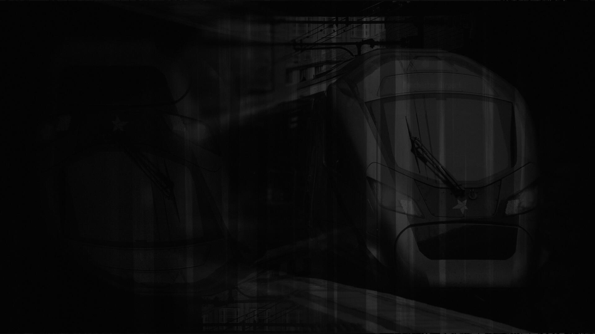 High-speed train in motion on tracks, with a sleek design and dark surroundings, conveying speed and modernity.