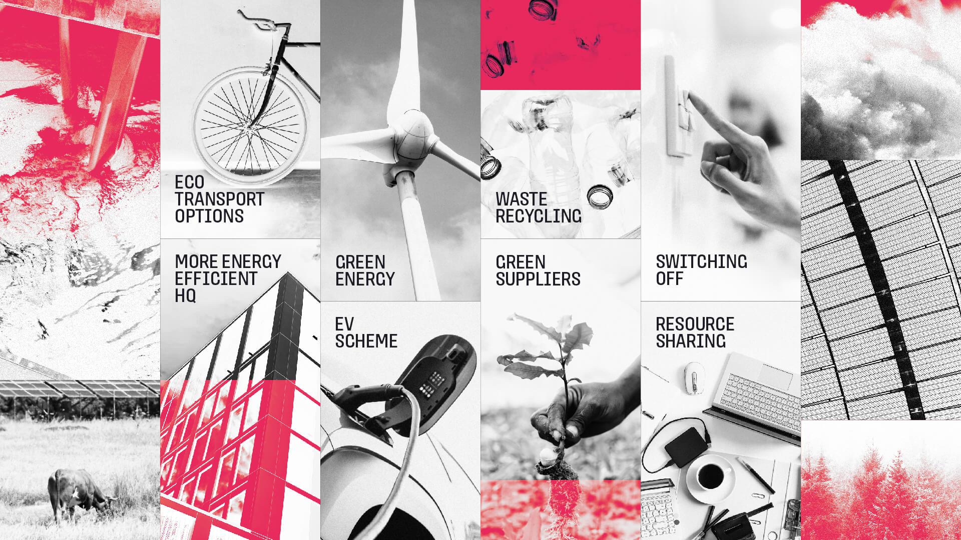 Collage of eco-friendly initiatives: transport, energy, recycling, suppliers, and resource sharing, with red accents and various images.