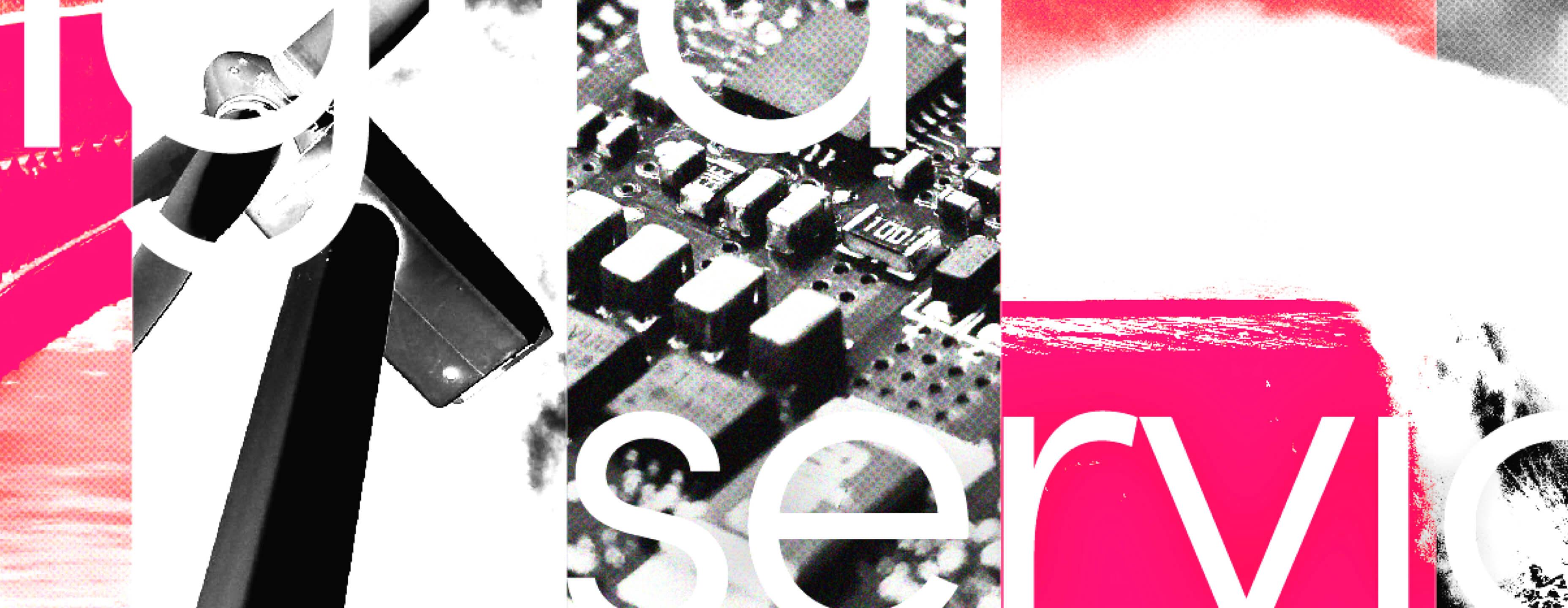 Abstract collage with circuit board, bold red and black elements, and partially visible white text on a vibrant background.