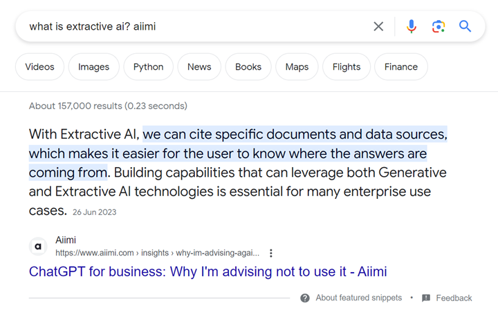 Generative AI for enterprise vs Extractive AI structured snippet aiimi google